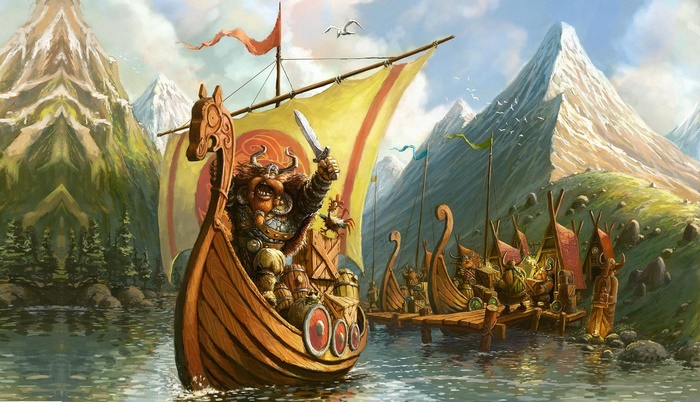 Viking warrior on a drakkar ship with mountains