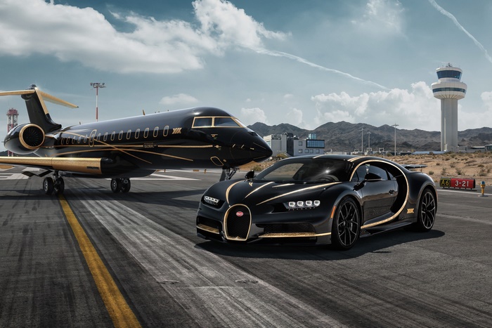 Black Bugatti Chiron and Private Jet on Tarmac