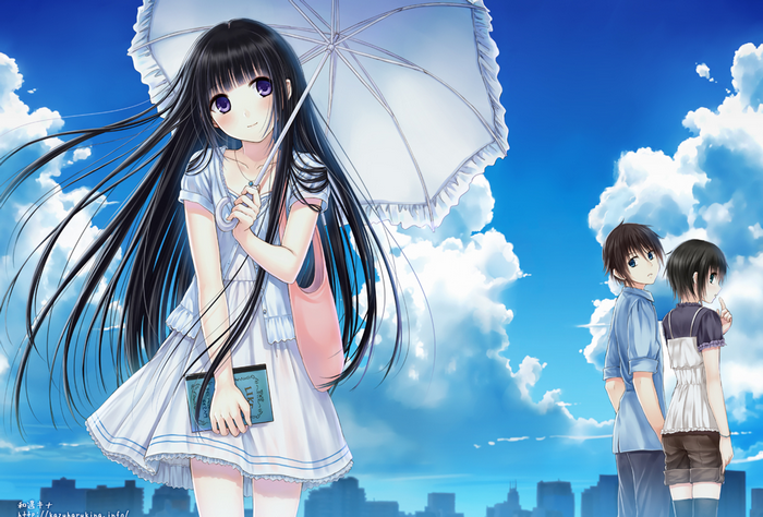 Girl with Umbrella and Two Children in City