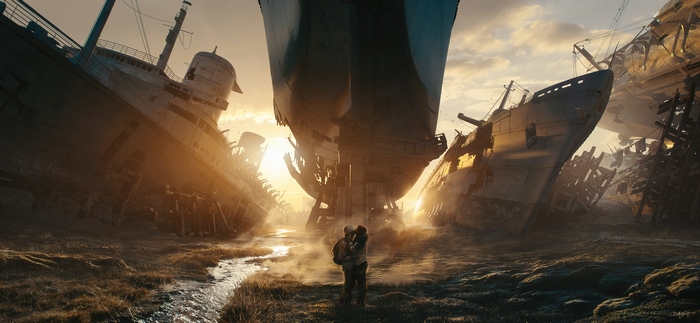 Couple kissing among shipwrecks at sunset