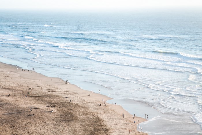 People on a sandy beach with ocean waves