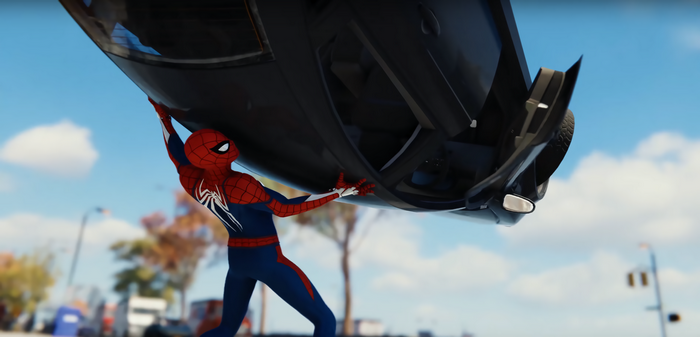 Spider-Man lifting a car