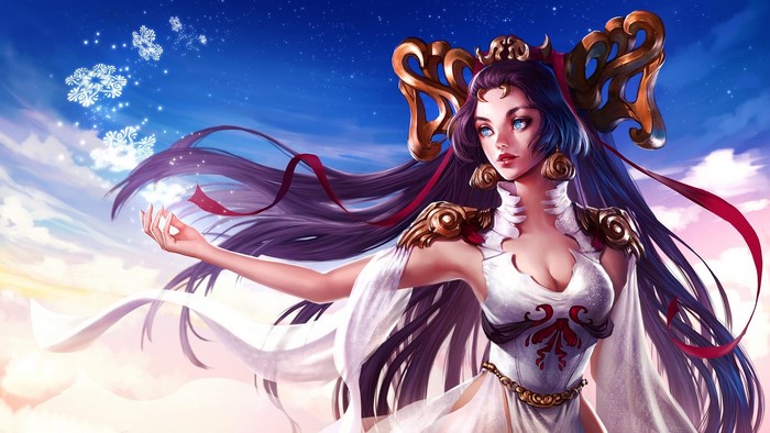 Woman with long purple hair and blue eyes creating snowflakes