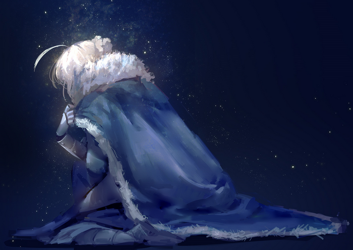 Saber from Fate Series kneeling in starry night