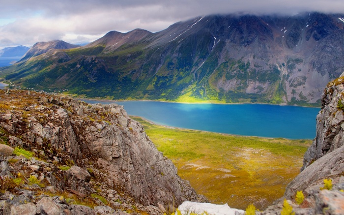Rocky mountain landscape with a blue lake