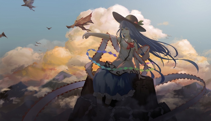 Tenshi Hinanawi with birds and clouds