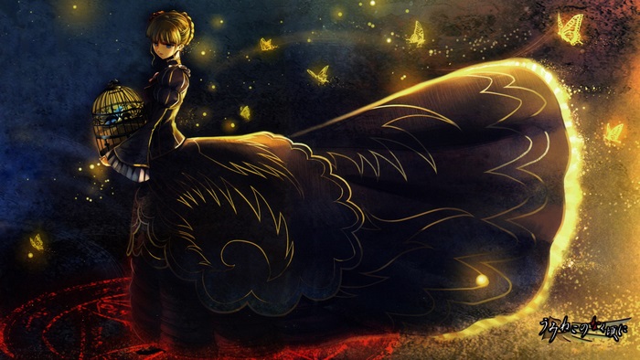 Beatrice from Umineko no Naku Koro ni holding a birdcage