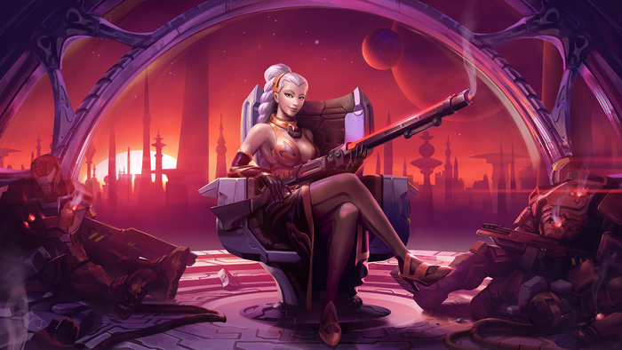 Lian from Paladins sitting on a throne with a gun