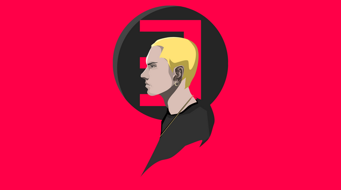 Eminem in front of a stylized logo