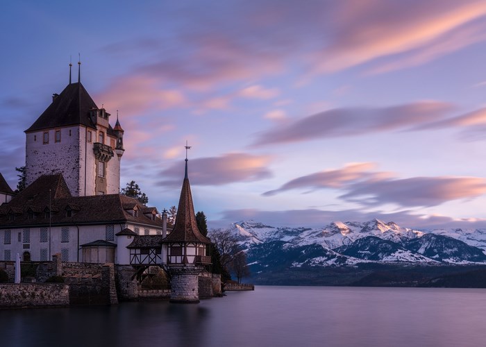 Oberhofen Castle on Lake Thun at Sunset