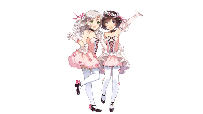 Two anime girls in pink dresses with flowers
