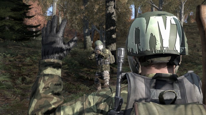 DayZ video game screenshot with soldiers in forest