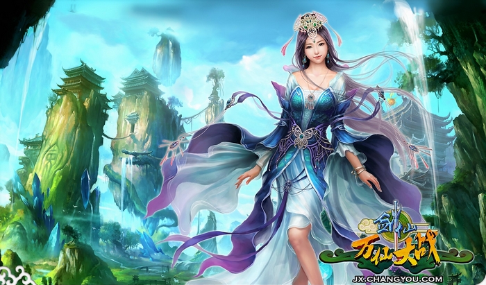 Woman in Fantasy Asian Temple Landscape