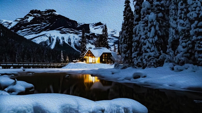 Snowy Cabin by Mountain Lake