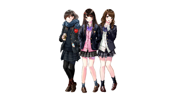 Three anime girls in school uniforms