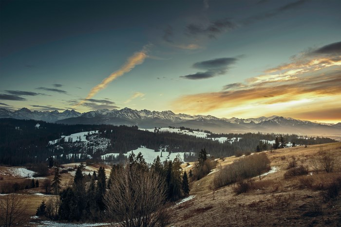 Winter mountain landscape at sunrise with snow and forest