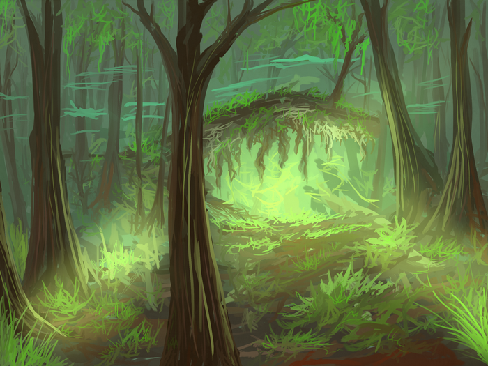 Fantasy swamp forest with glowing light