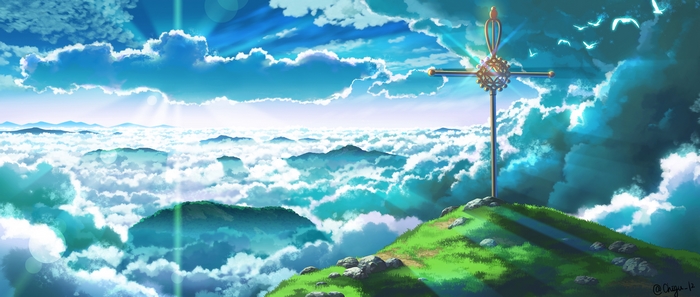 Cross on a hill above clouds with sunlight