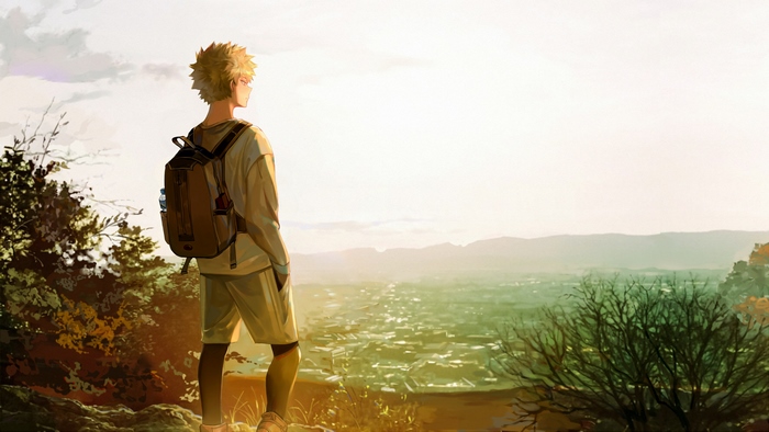 Katsuki Bakugou from My Hero Academia overlooking a city