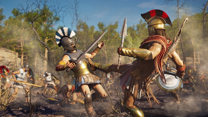 Spartan soldiers fighting in Assassin's Creed Odyssey