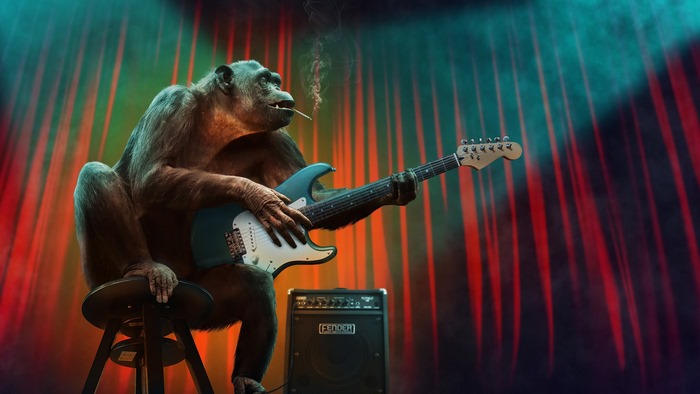 Chimpanzee playing guitar and smoking on stage