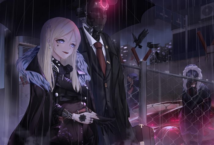 Anime characters in the rain with crows