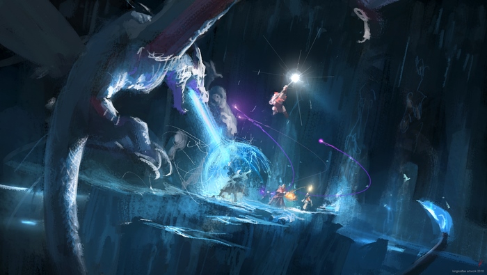 Dragon Battle with Magic Users in a Cave