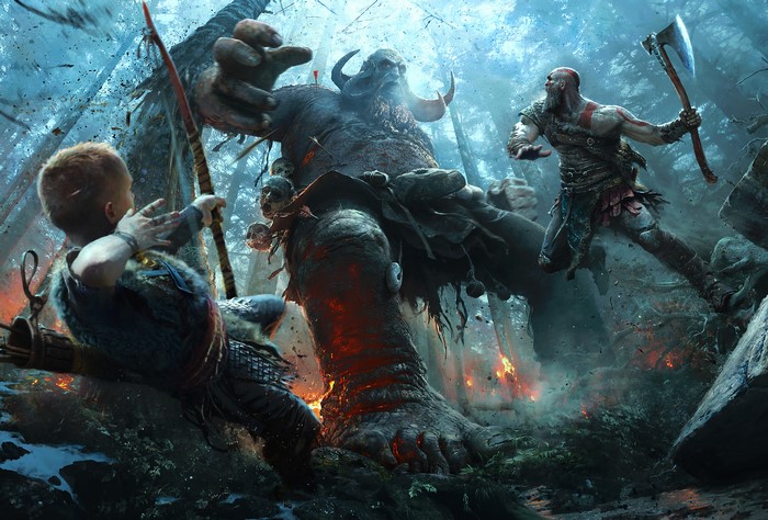 Kratos and Atreus fight a troll in God of War