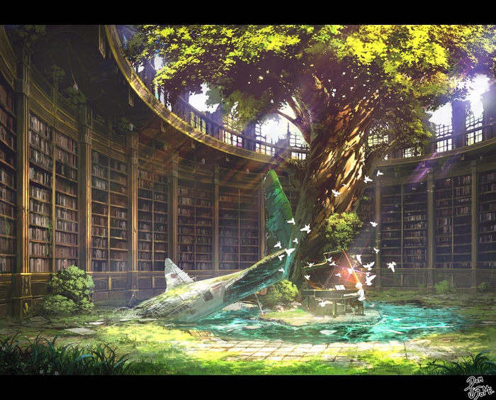 Ruined library with a grand piano and a large tree