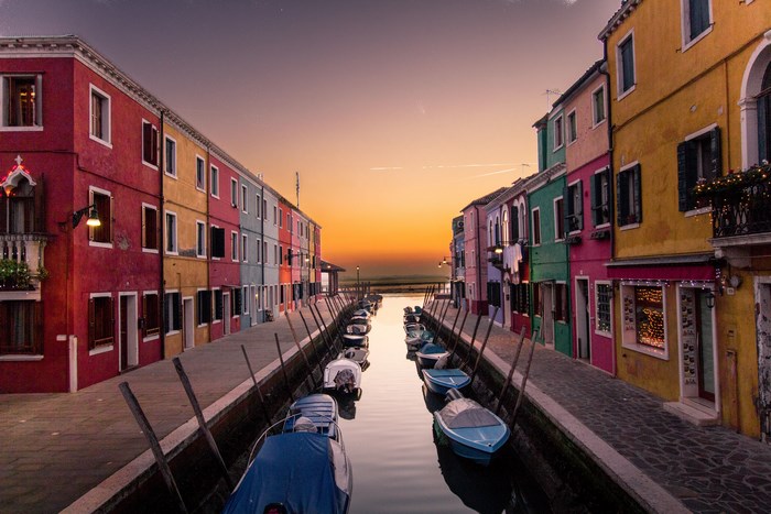 Colorful Canal and Boats at Sunset in Burano