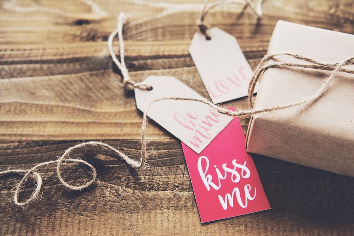 Romantic Brown Paper Gift with Tags and Love