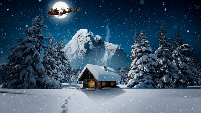 Santa Claus Flying Over Snowy Winter Night 4K