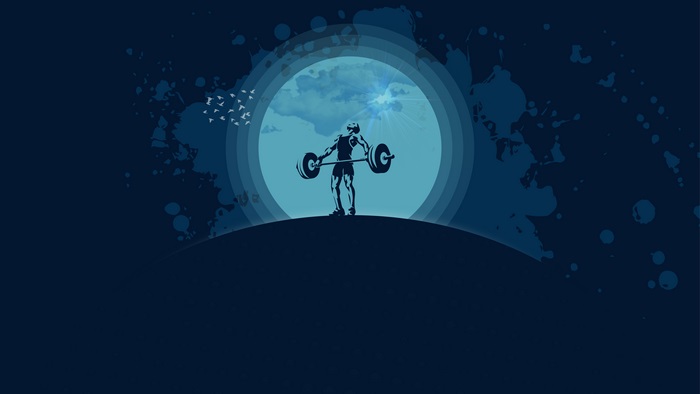 Weightlifting silhouette with birds and sun