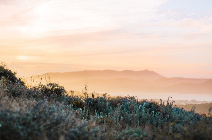 Misty mountains at sunrise over a grassy field
