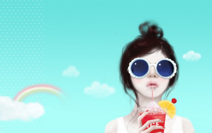 Girl with Sunglasses Drinking a Cocktail with Rainbow
