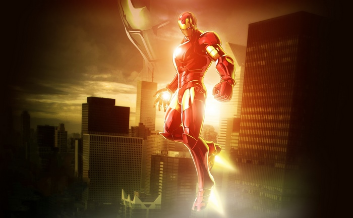 Iron Man flying over a city skyline