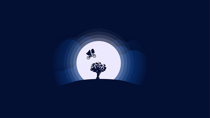 E.T. the Extra-Terrestrial flying on a bicycle in front of the moon