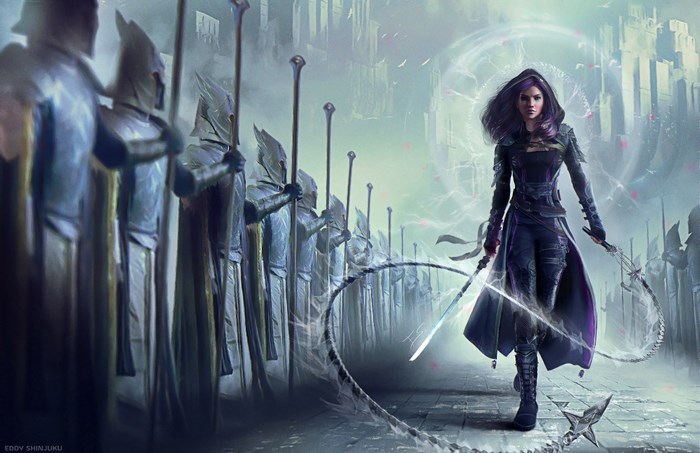 Warrior woman with swords and whips facing an army