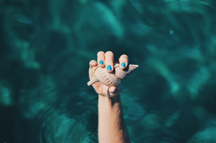 Hand holding a seashell in blue water