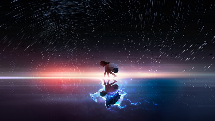Girl and creature reflection under starry sky