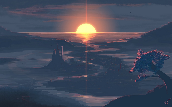 Digital painting of a sunset over a misty landscape with a castle