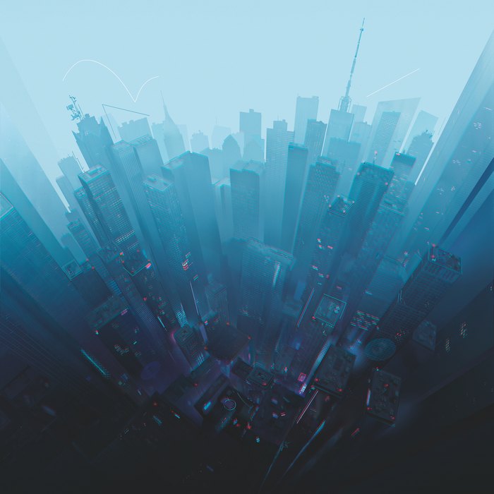 Futuristic blue cityscape with skyscrapers