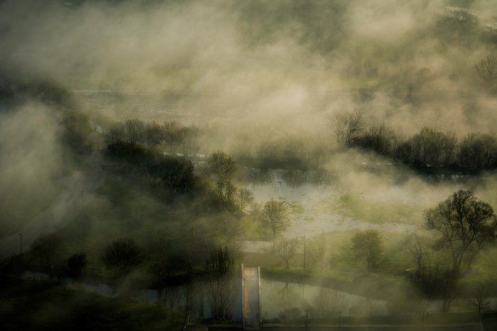 Misty landscape with trees and a bridge