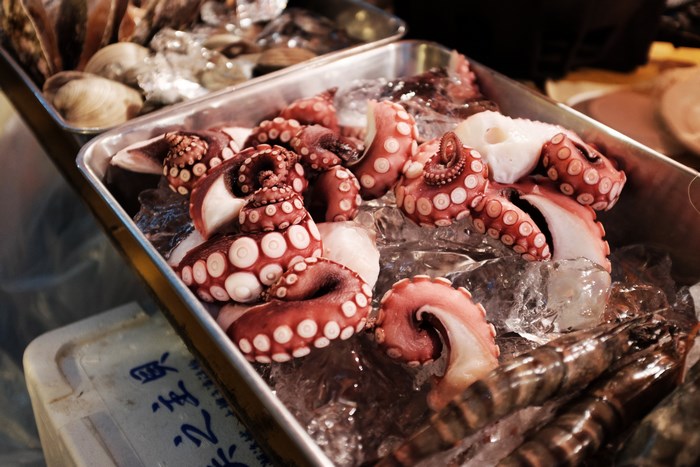Fresh Octopus and Shrimp on Ice at Tokyo Market