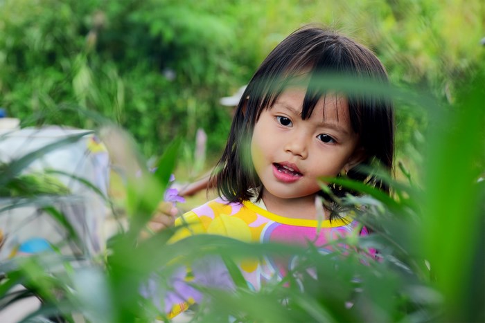 A young girl peeking through green leaves