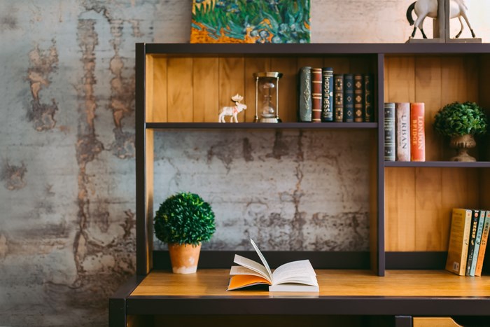 Bookshelf with books, plants, and an open book on a desk
