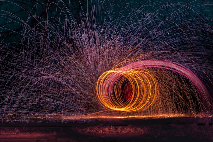 Vibrant Steel Wool Fire Light Painting at Night