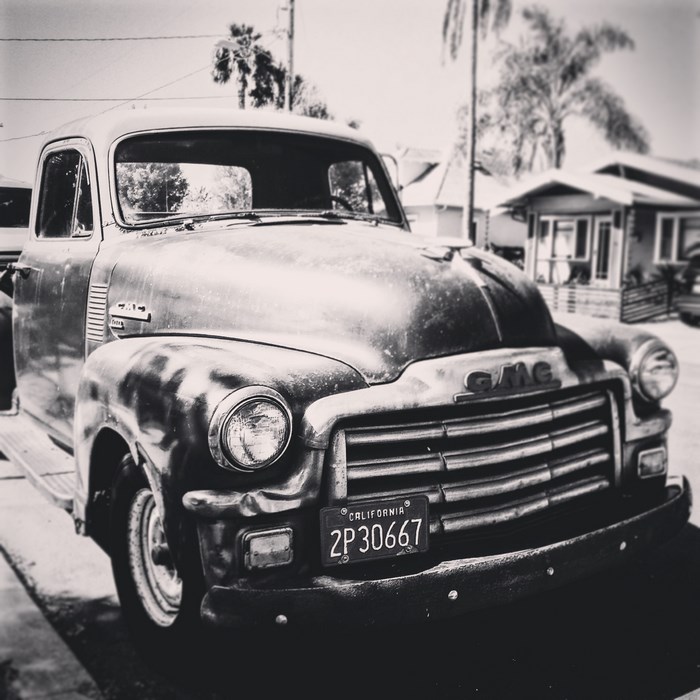 Black and white vintage GMC pickup truck
