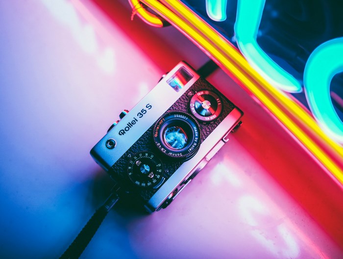 Rollei 35 S film camera with neon lights