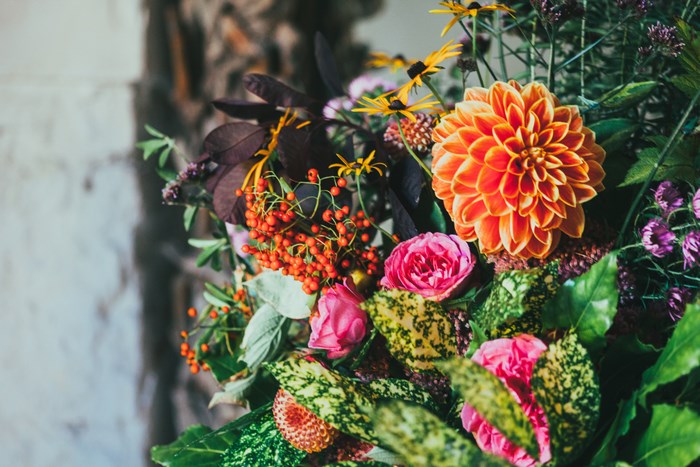 Close-up of a vibrant floral arrangement with orange dahlia and pink roses